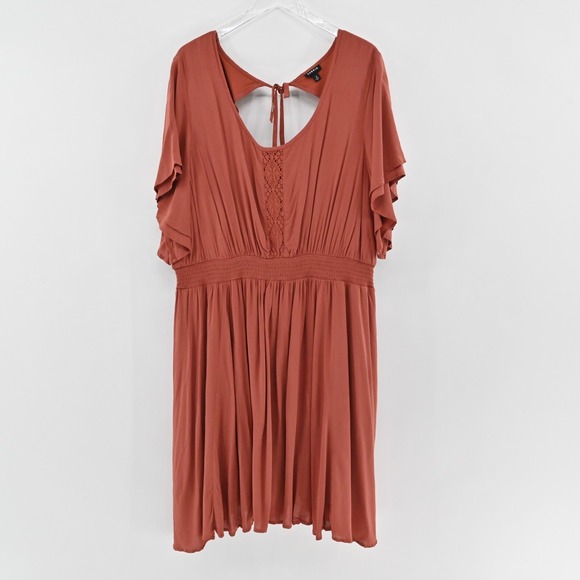 TORRID Dress Size 4X Challis Rust Embroidered Smocked Waist Flutter Short Sleeve - Picture 2 of 13